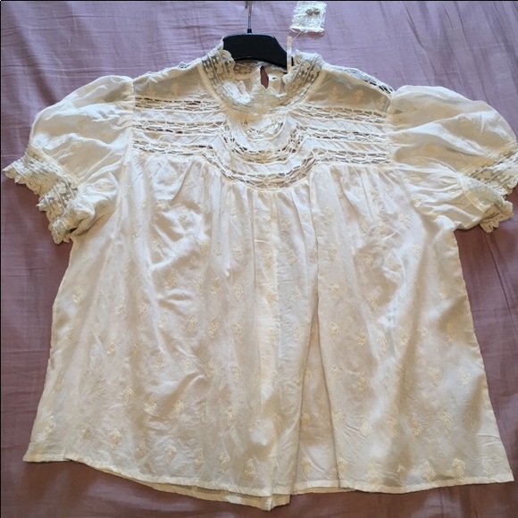 Free People NWT puff sleeve vintage ivory blouse M - Picture 6 of 7